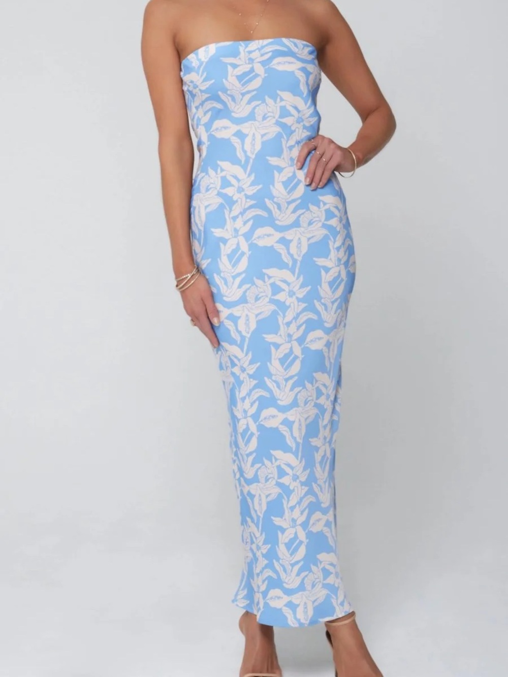 Strapless Blue & White Floral Resa Dress